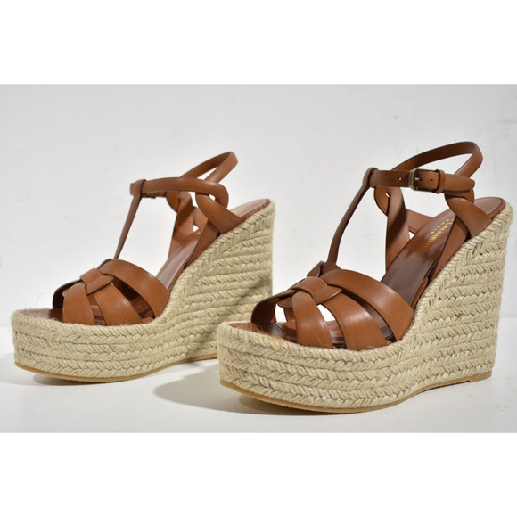 Saint Laurent Tribute Espadrille 85 Brown Ankle Strap Platform Wedge Sandal 40 - Picture 10 of 12